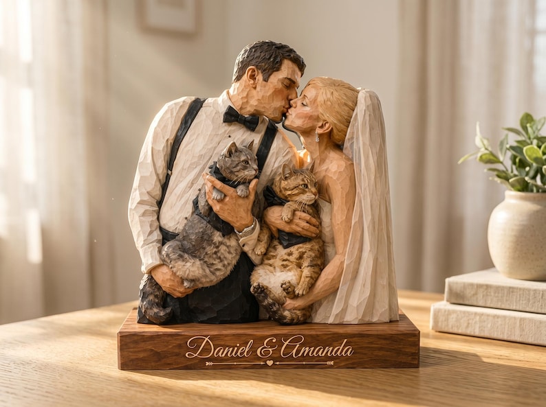 Personalized Wedding Photo Wooden Sign, Custom Couple Portrait With Pets, Bride Groom Keepsake