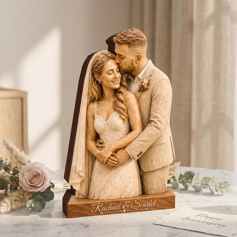 Personalized Wedding Photo Wooden Sign, Custom Couple Portrait With Pets, Bride Groom Keepsake