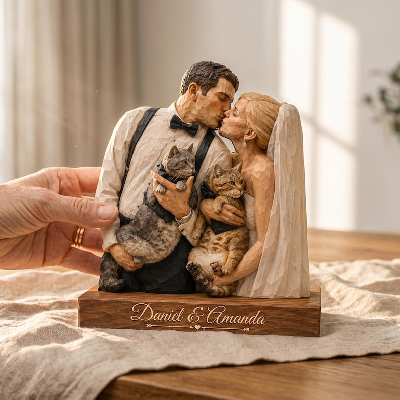 Personalized Wedding Photo Wooden Sign, Custom Couple Portrait With Pets, Bride Groom Keepsake