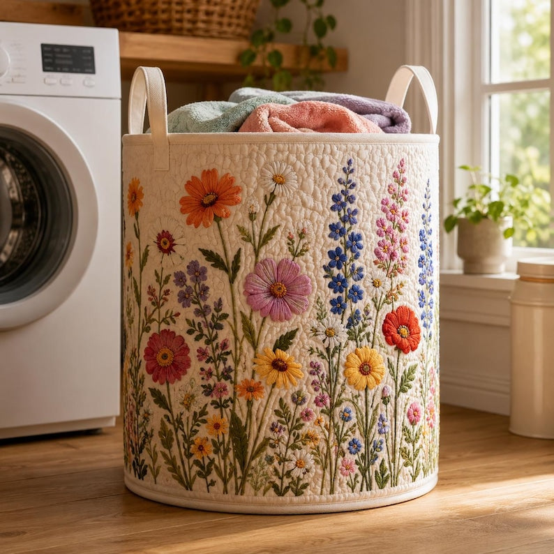 Wildflower Quilted Laundry Basket, Botanical Storage Bin, Meadow Hamper, Toy Organizer
