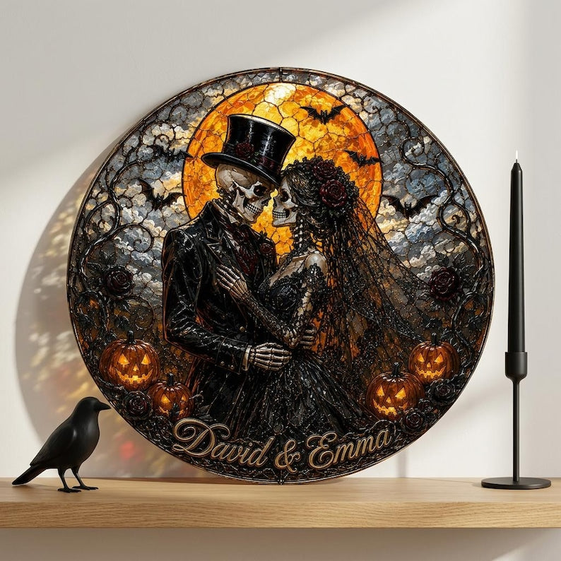 Personalized Skeleton Couple Glass Suncatcher, Gothic Wedding Suncatcher, Halloween Couple Gift