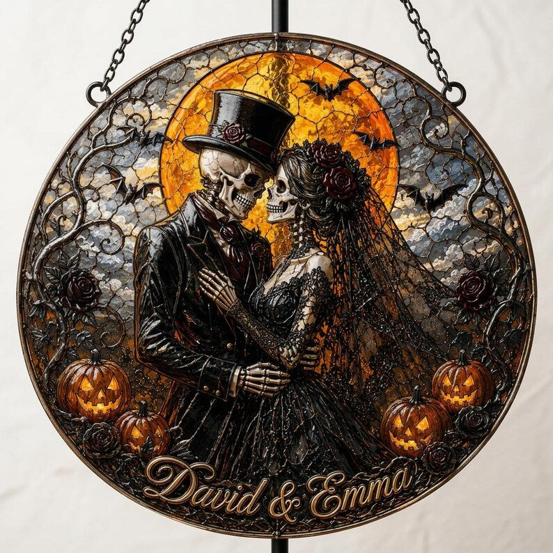 Personalized Skeleton Couple Glass Suncatcher, Gothic Wedding Suncatcher, Halloween Couple Gift