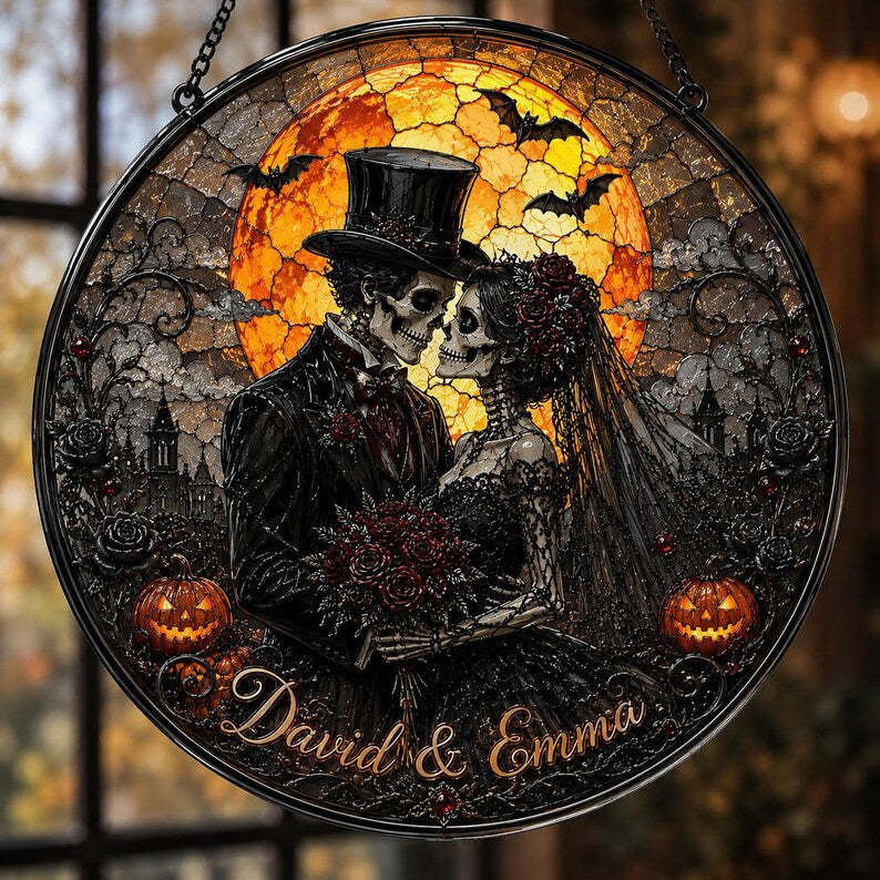 Personalized Skeleton Couple Glass Suncatcher, Gothic Wedding Suncatcher, Halloween Couple Gift