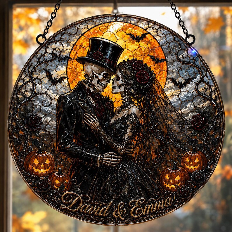 Personalized Skeleton Couple Glass Suncatcher, Gothic Wedding Suncatcher, Halloween Couple Gift