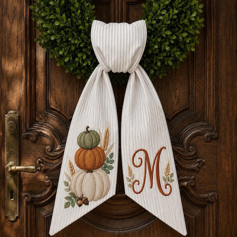 Personalized Stacked Pumpkins Embroidered Wreath Sash, Custom Monogram Fall Door Bow, Beige Striped Autumn Decor