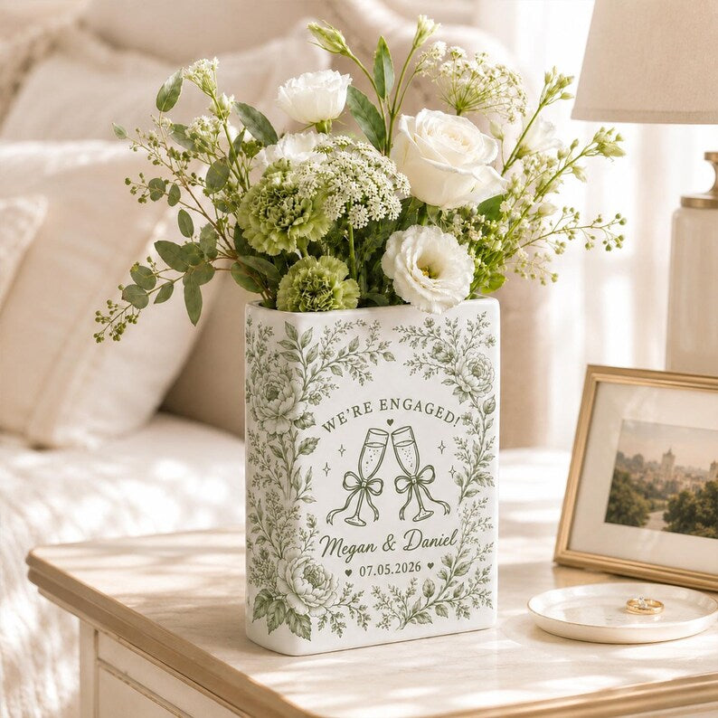Personalized Toile Couple Ceramic Book Vase, Custom Wedding Keepsake, Engagement Gift