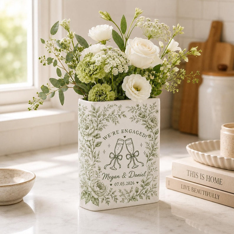 Personalized Toile Couple Ceramic Book Vase, Custom Wedding Keepsake, Engagement Gift