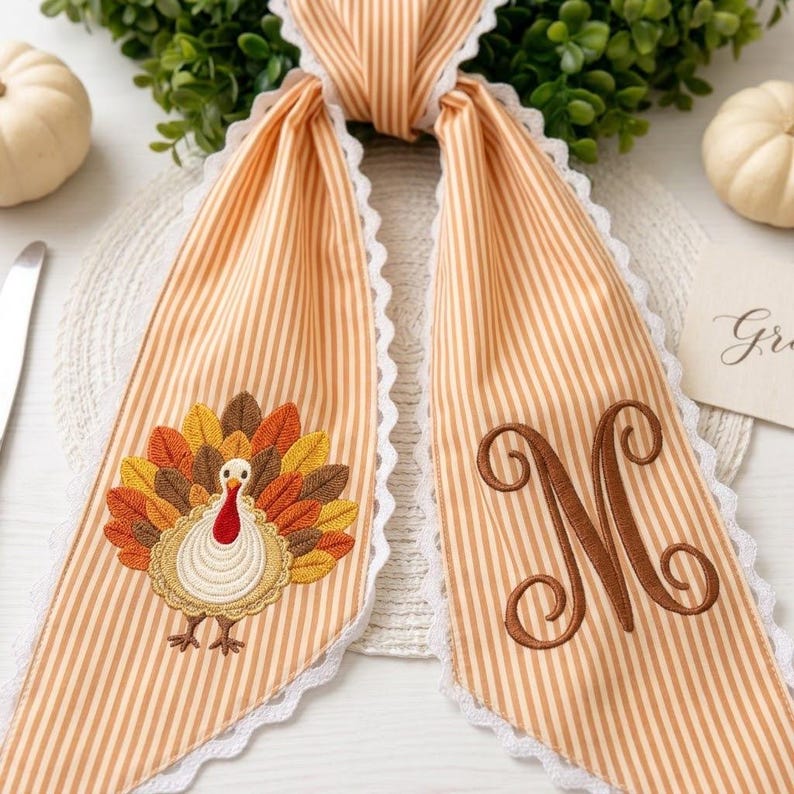 Thanksgiving Wreath Sash, Personalized Turkey Door Bow, Monogram Fall Wreath Bow, Embroidered Front Door Decor Gift