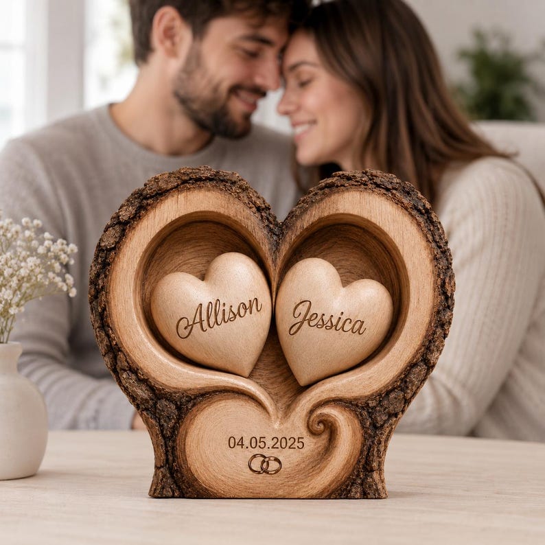 Personalized Heart Couple Name Wooden Block, 2D Flat Couple Engaged Heart, Couple Anniversary Gift