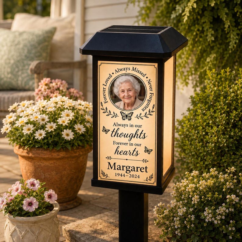 Personalized Photo Memorial Solar Garden Stake Light, Custom Name Year Outdoor Lantern