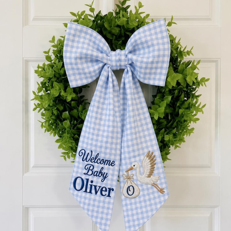 Personalized Stork Embroidered Wreath Sash, Custom Baby Boy Door Bow, Blue Gingham Nursery Decor