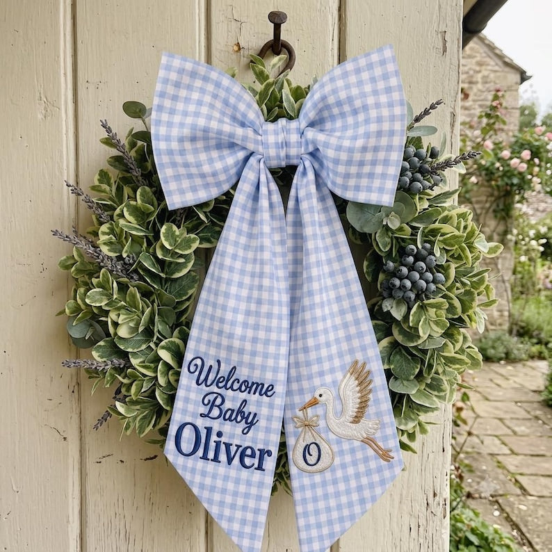 Personalized Stork Embroidered Wreath Sash, Custom Baby Boy Door Bow, Blue Gingham Nursery Decor