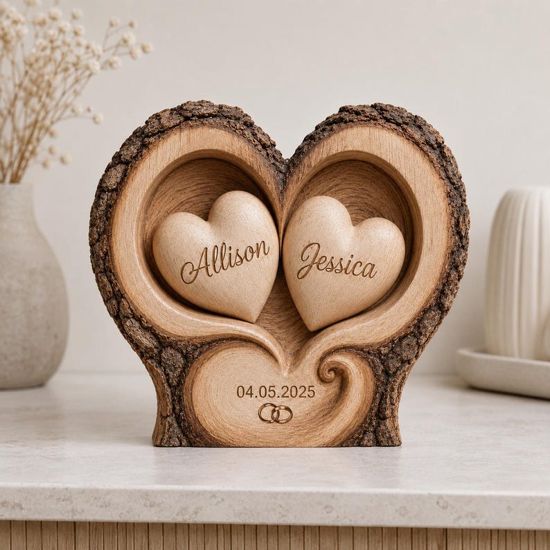 Personalized Heart Couple Name Wooden Block, 2D Flat Couple Engaged Heart, Couple Anniversary Gift
