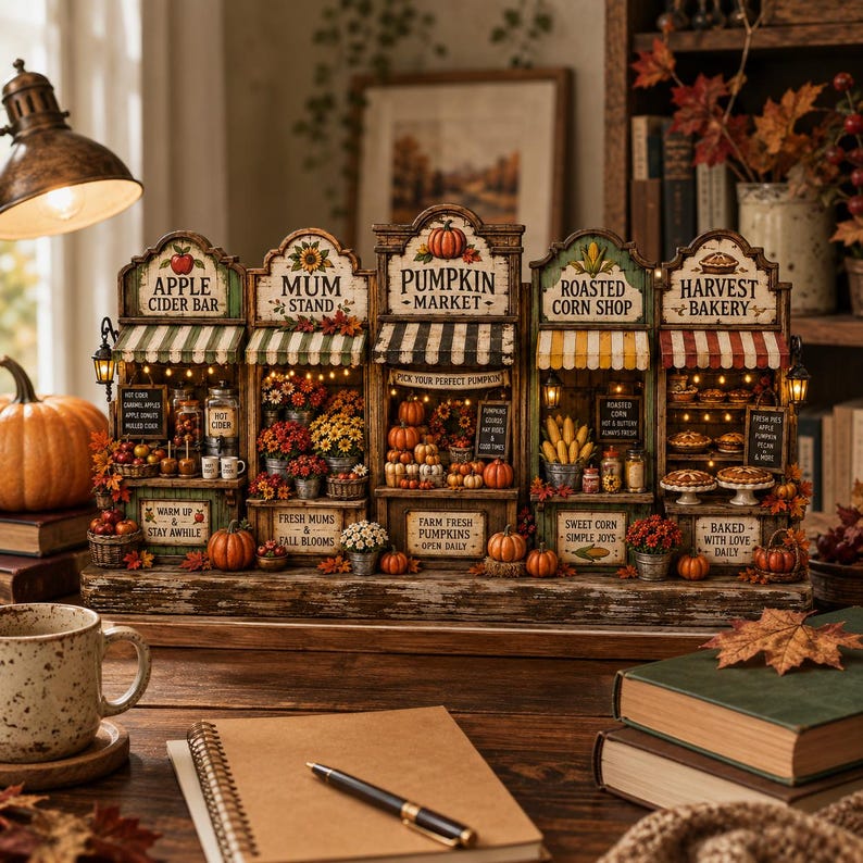 Fall Wooden Blocks Set, Autumn Market Tiered Tray Decor, Pumpkin Apple Cider Harvest Bakery Rustic Farmhouse Mini Shelf Mantel Signs