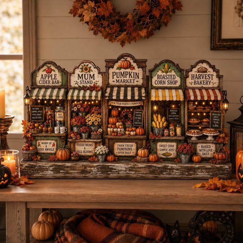 Fall Wooden Blocks Set, Autumn Market Tiered Tray Decor, Pumpkin Apple Cider Harvest Bakery Rustic Farmhouse Mini Shelf Mantel Signs