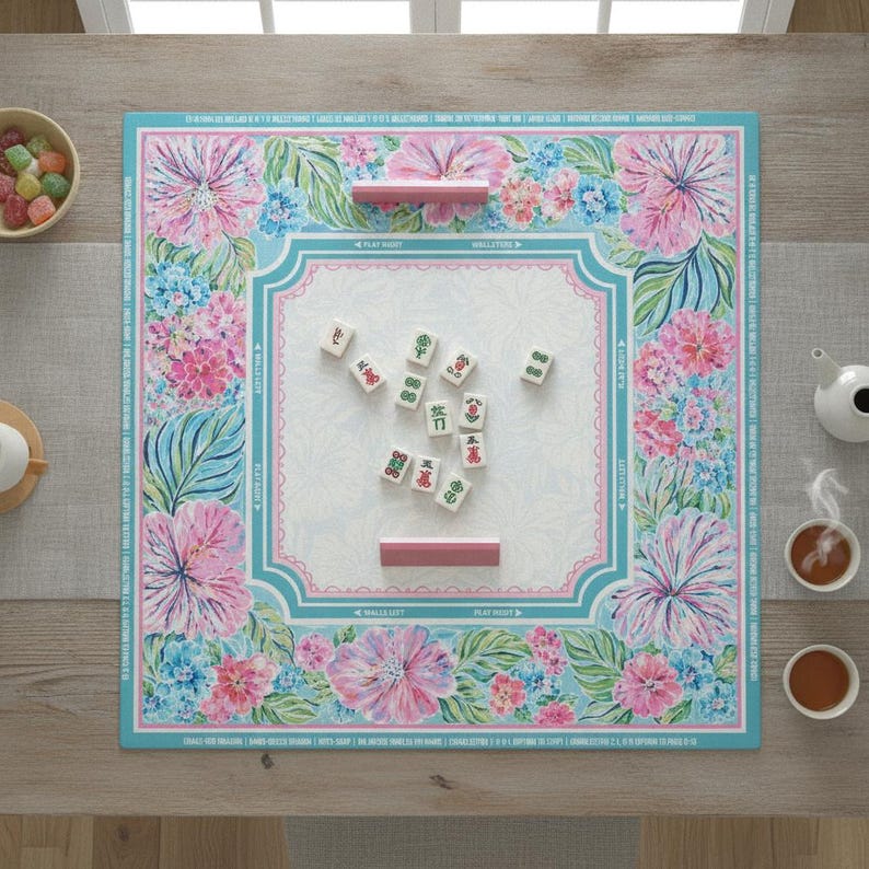 Beautiful Pink Blue Floral Mahjong Mat, Tropical Flower Game Table Cover, Unique Mahjong Night Accessory & Gift Idea