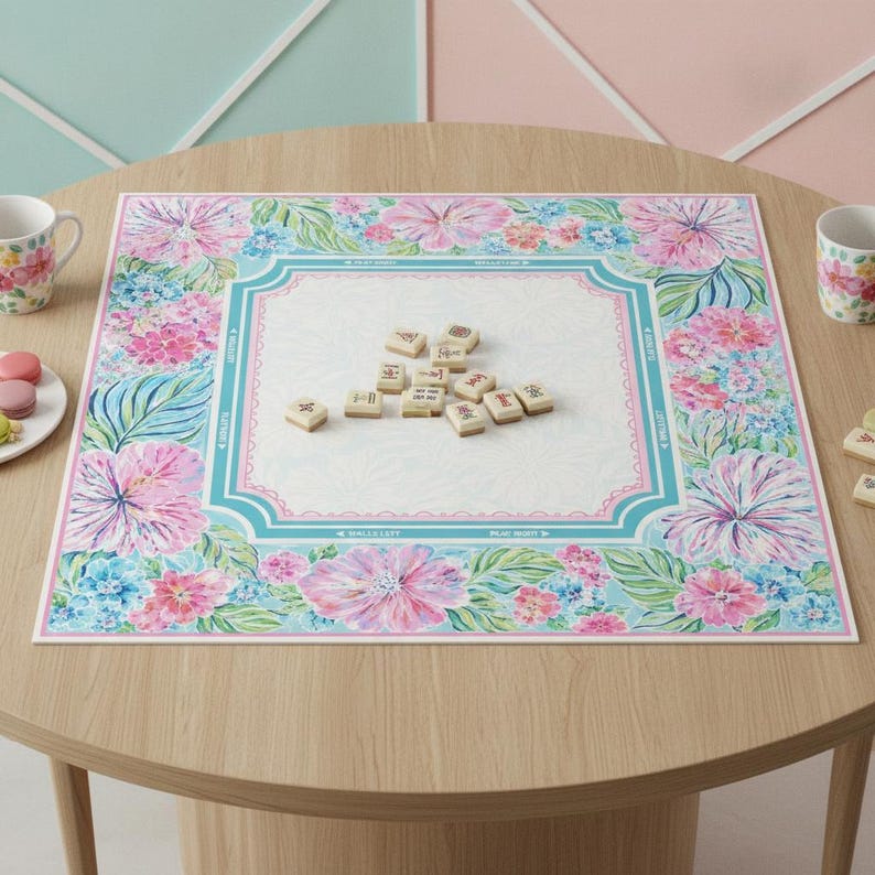 Beautiful Pink Blue Floral Mahjong Mat, Tropical Flower Game Table Cover, Unique Mahjong Night Accessory & Gift Idea