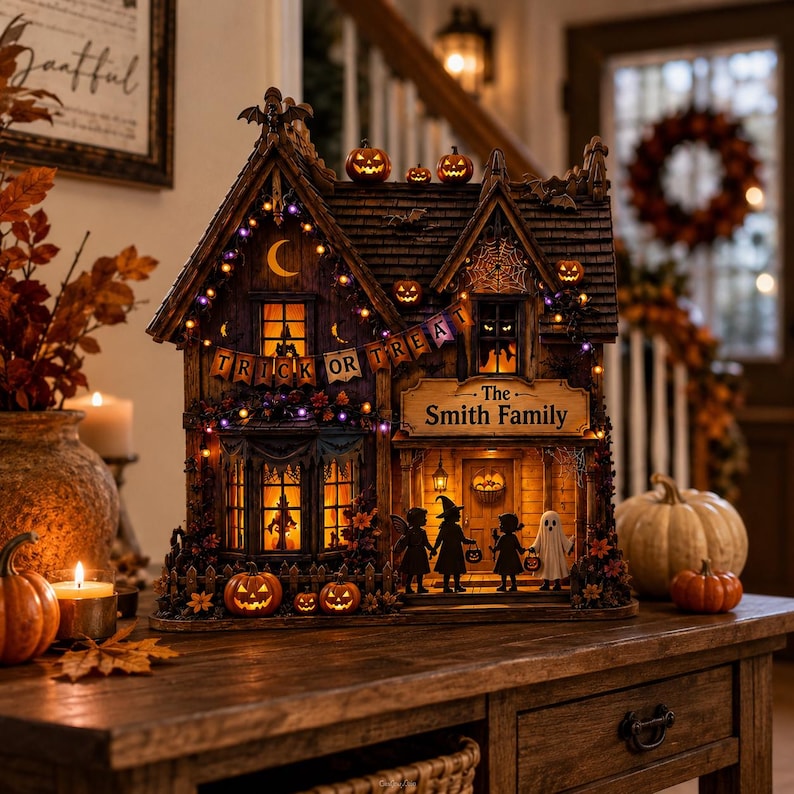 Personalized Halloween Wooden Block, Lighted Haunted House Family Name Decor, Trick or Treat Pumpkin Shelf Decor