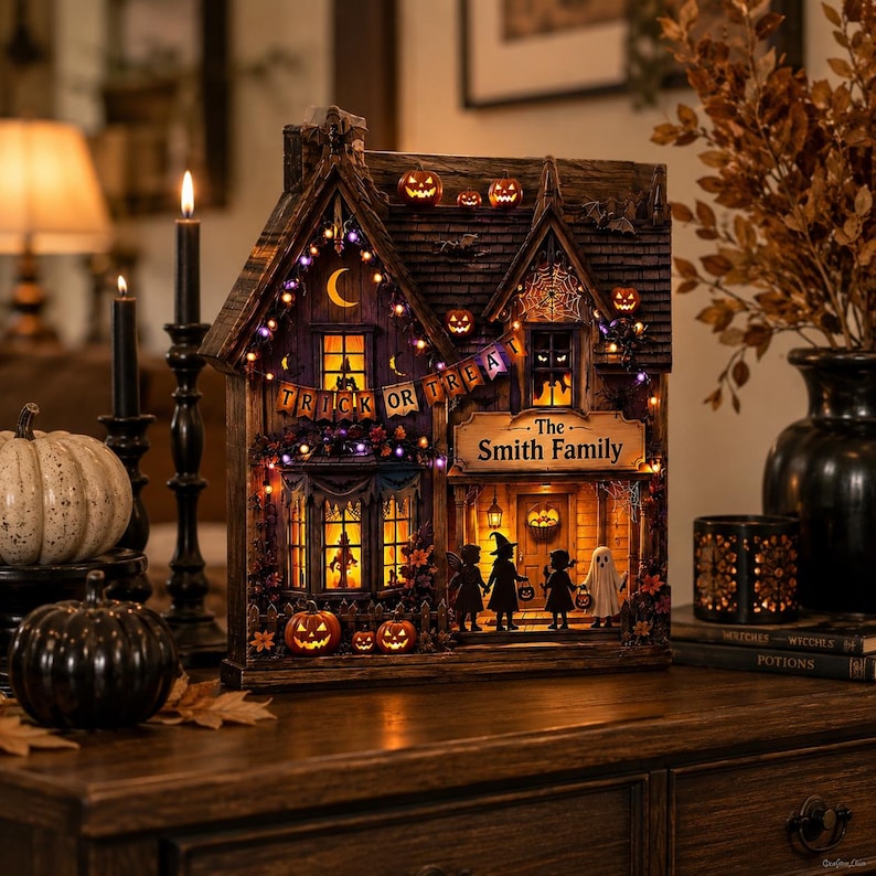 Personalized Halloween Wooden Block, Lighted Haunted House Family Name Decor, Trick or Treat Pumpkin Shelf Decor