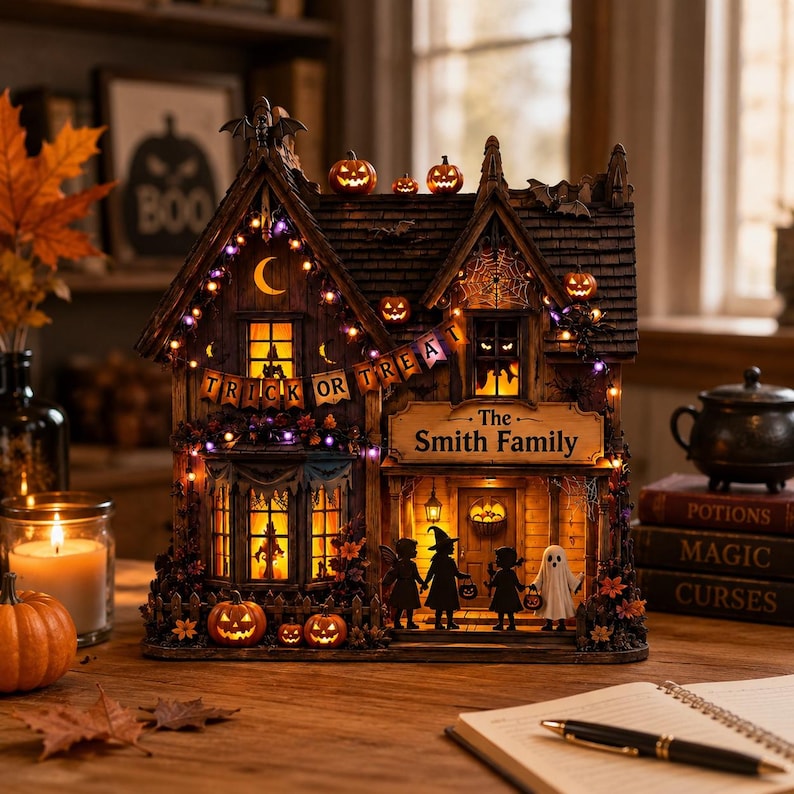 Personalized Halloween Wooden Block, Lighted Haunted House Family Name Decor, Trick or Treat Pumpkin Shelf Decor