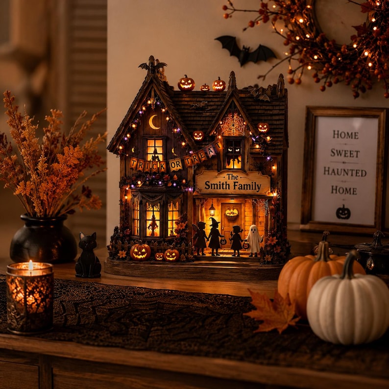 Personalized Halloween Wooden Block, Lighted Haunted House Family Name Decor, Trick or Treat Pumpkin Shelf Decor