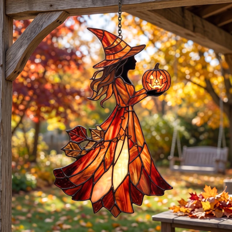 Halloween Witch Acrylic Suncatcher, Custom Faux Window Hanging, Pumpkin Lantern Fall Decor, Spooky Autumn