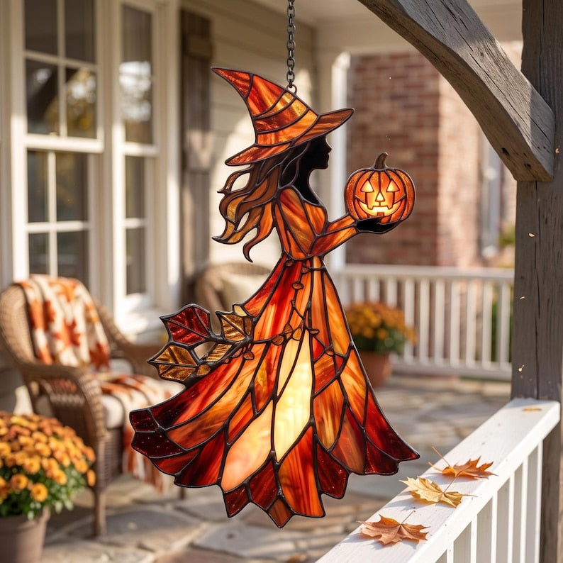 Halloween Witch Acrylic Suncatcher, Custom Faux Window Hanging, Pumpkin Lantern Fall Decor, Spooky Autumn
