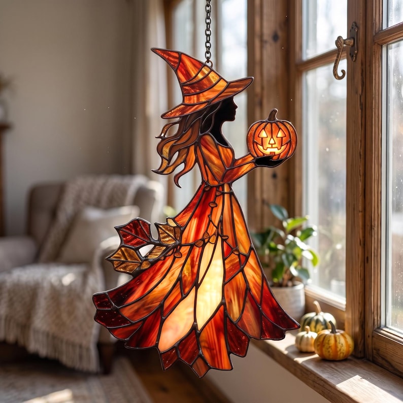 Halloween Witch Acrylic Suncatcher, Custom Faux Window Hanging, Pumpkin Lantern Fall Decor, Spooky Autumn