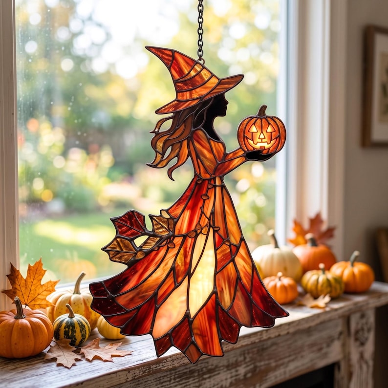 Halloween Witch Acrylic Suncatcher, Custom Faux Window Hanging, Pumpkin Lantern Fall Decor, Spooky Autumn