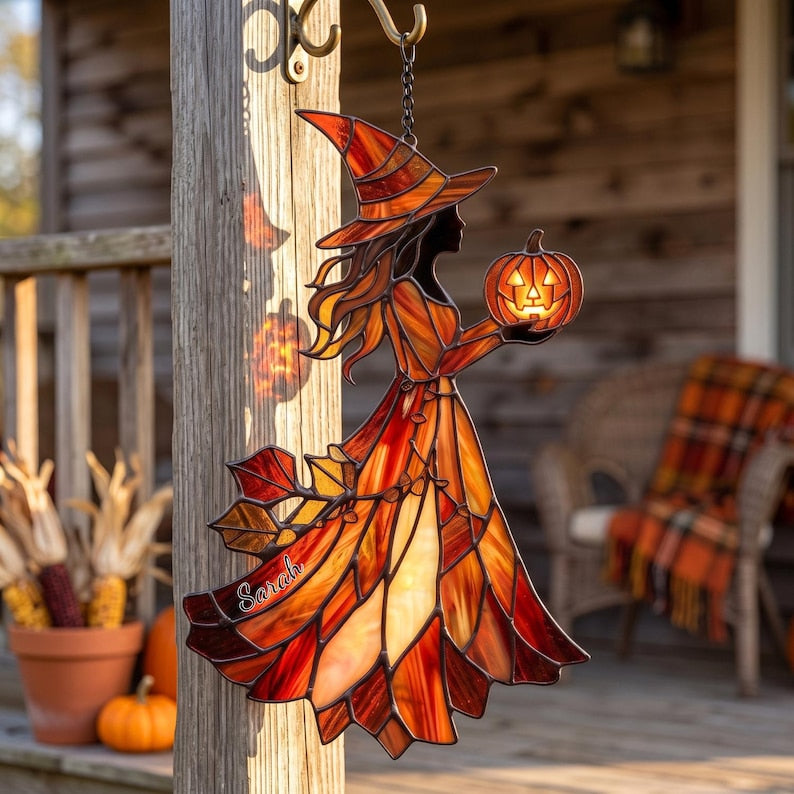 Halloween Witch Acrylic Suncatcher, Custom Faux Window Hanging, Pumpkin Lantern Fall Decor, Spooky Autumn