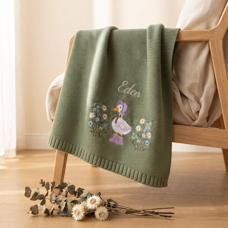 Personalized Wildflower Baby Blanket, Floral Baby Blanket, Embroidered Baby Knit Name Blanket, Newborn Name Blanket