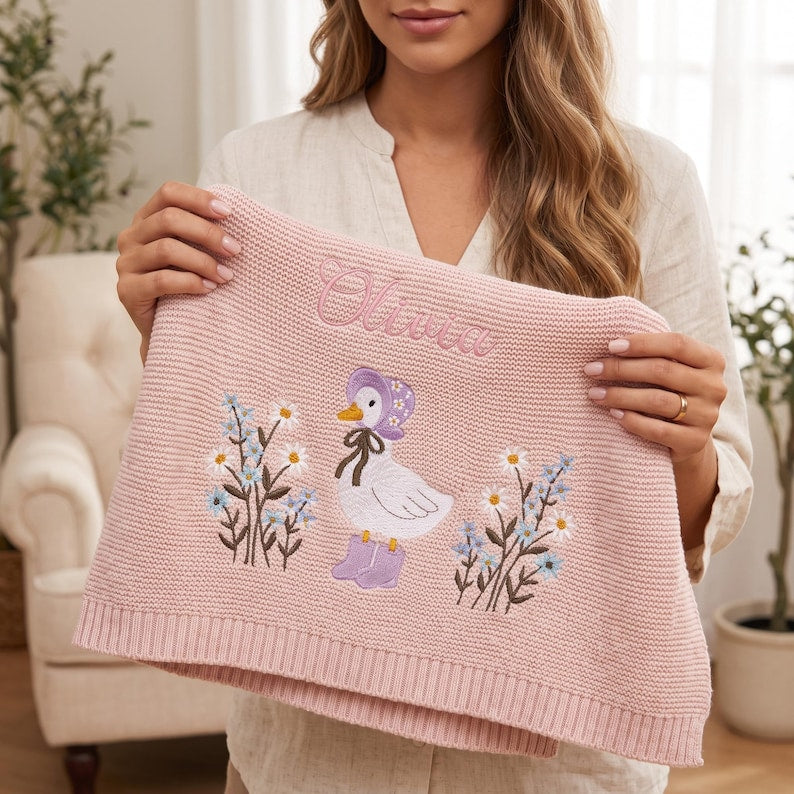 Personalized Wildflower Baby Blanket, Floral Baby Blanket, Embroidered Baby Knit Name Blanket, Newborn Name Blanket