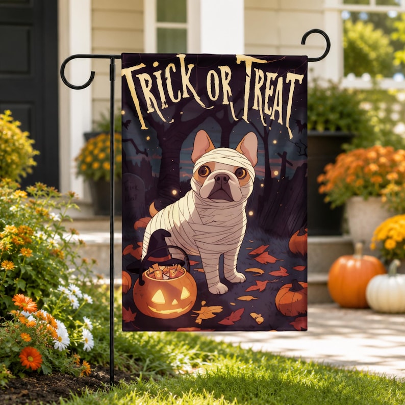 French Bulldog Halloween Garden Flag, Mummy Dog Trick or Treat Flag, Outdoor Halloween Decor