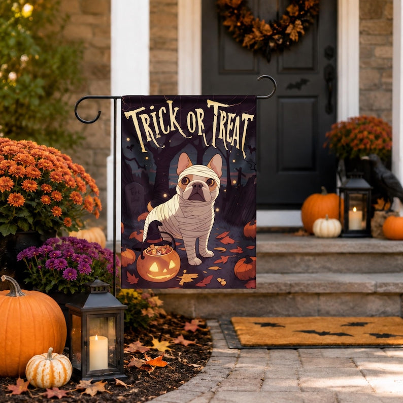 French Bulldog Halloween Garden Flag, Mummy Dog Trick or Treat Flag, Outdoor Halloween Decor