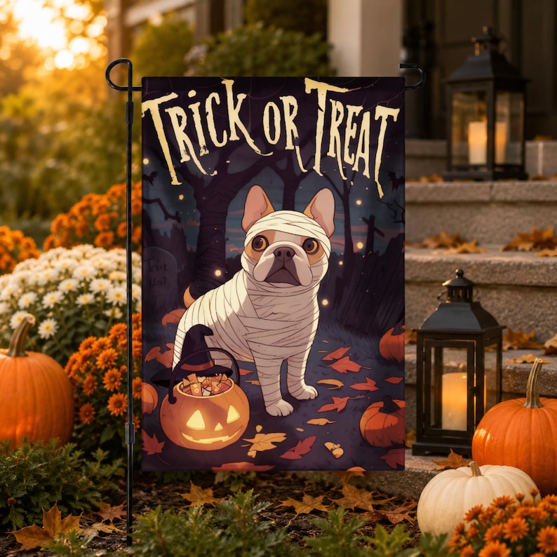 French Bulldog Halloween Garden Flag, Mummy Dog Trick or Treat Flag, Outdoor Halloween Decor