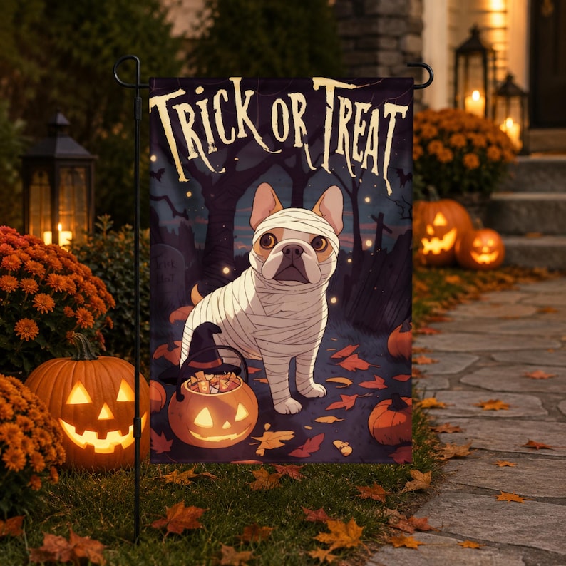 French Bulldog Halloween Garden Flag, Mummy Dog Trick or Treat Flag, Outdoor Halloween Decor