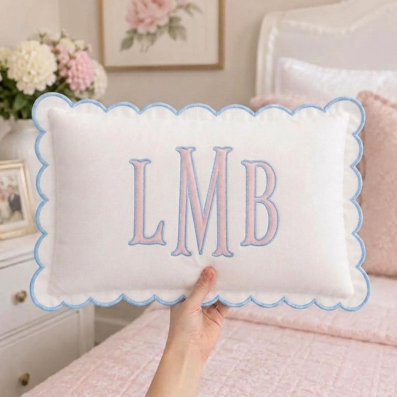 Personalized Embroidered Pillow Cover, Custom Name Cushion Cover, Monogram Scalloped Pillow, Kids Room Decor