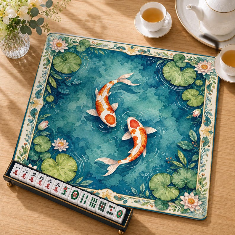 Beautiful Mahjong Playing Mat, Tranquil Koi Pond Scene, Water Lily Table Runner, Zen Artwork Game Pad