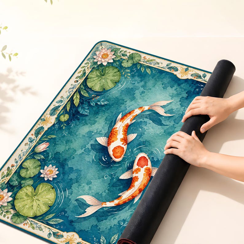 Beautiful Mahjong Playing Mat, Tranquil Koi Pond Scene, Water Lily Table Runner, Zen Artwork Game Pad