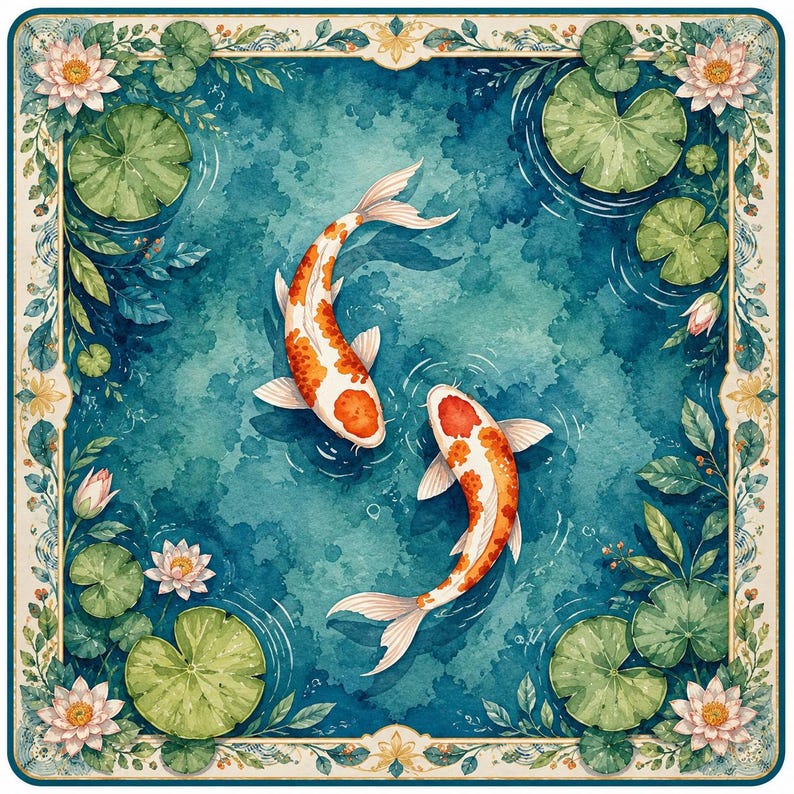 Beautiful Mahjong Playing Mat, Tranquil Koi Pond Scene, Water Lily Table Runner, Zen Artwork Game Pad