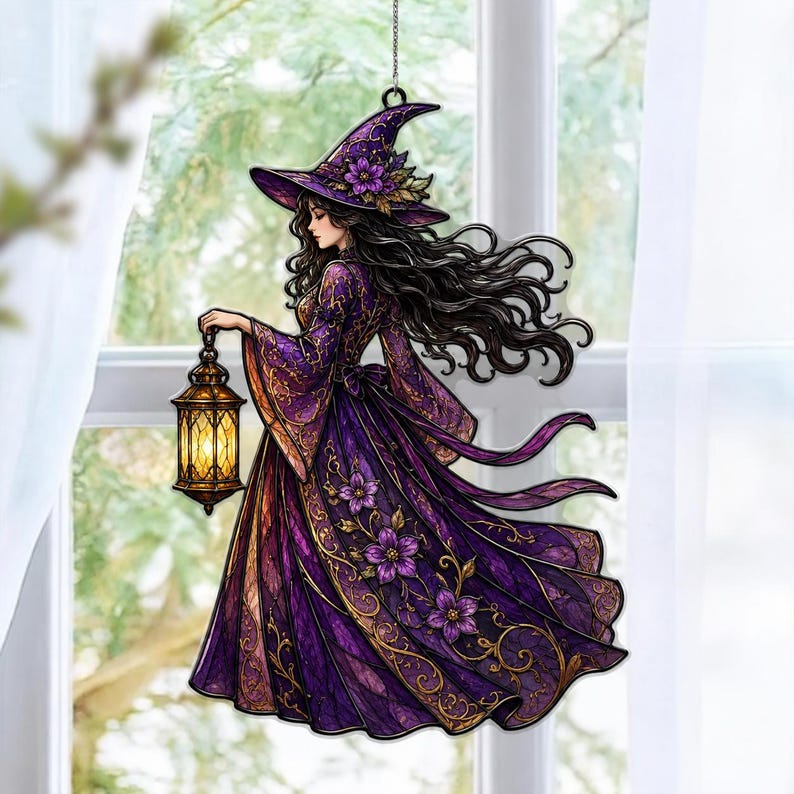 Witch Moon Cat Suncatcher, Spooky Season Acrylic Suncatcher, Halloween Window Hanging Decor