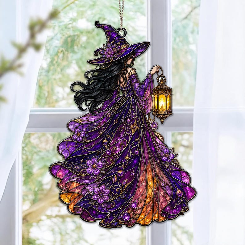 Witch Moon Cat Suncatcher, Spooky Season Acrylic Suncatcher, Halloween Window Hanging Decor