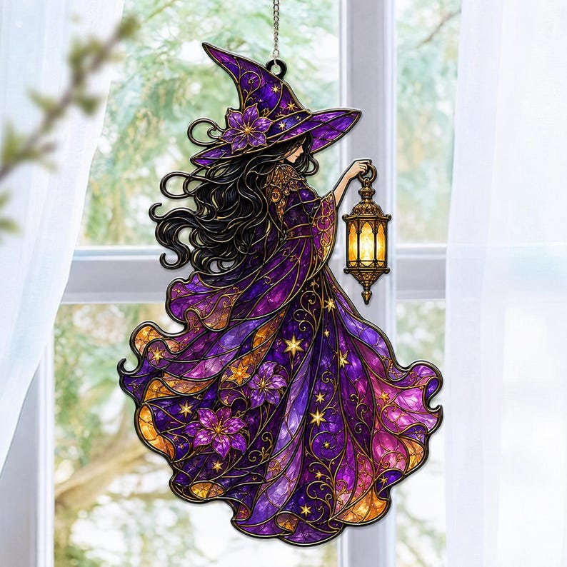 Witch Moon Cat Suncatcher, Spooky Season Acrylic Suncatcher, Halloween Window Hanging Decor