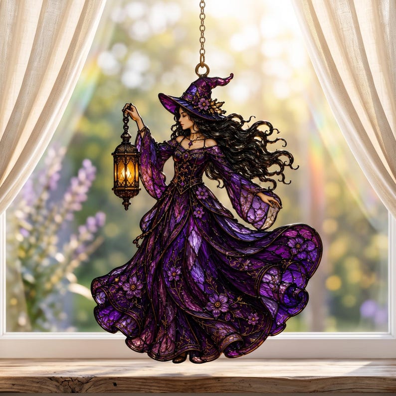 Witch Moon Cat Suncatcher, Spooky Season Acrylic Suncatcher, Halloween Window Hanging Decor