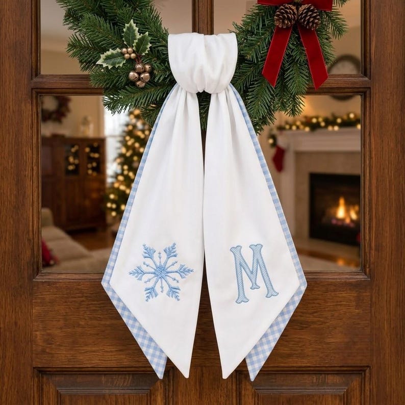 Personalized Snowflake Wreath Sash, Custom Monogram Front Door Bow, Embroidered Winter Holiday Decor