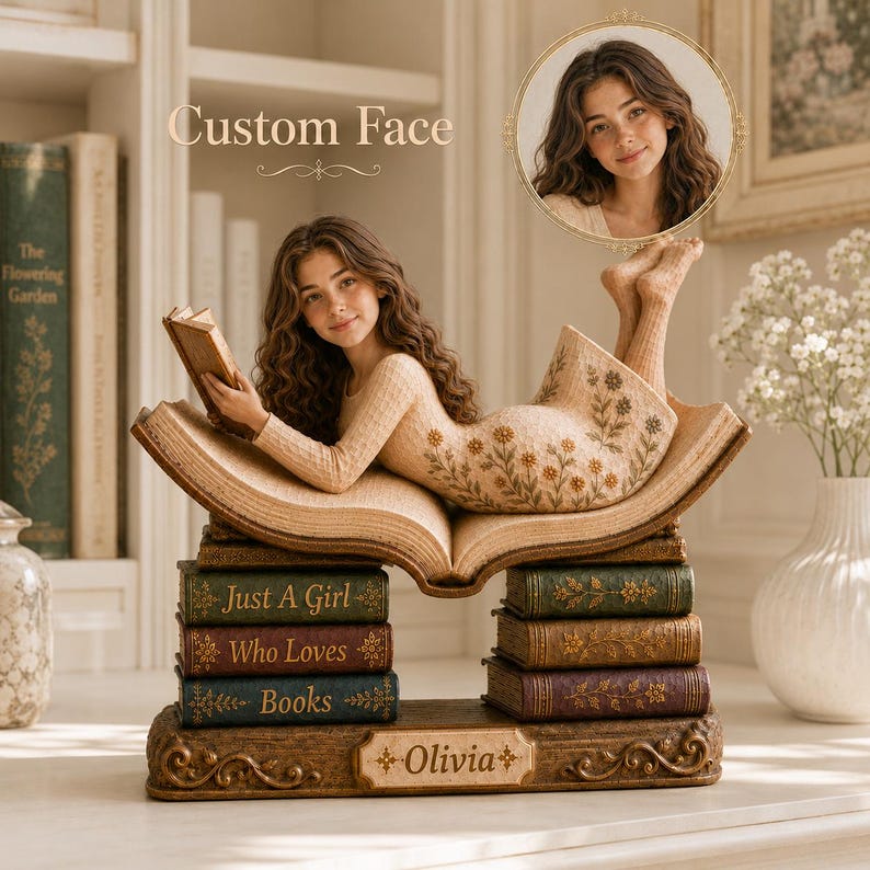 Custom Face Book Lover Wood Sign, Personalized Just A Girl Who Loves Books Reading Girl Decor