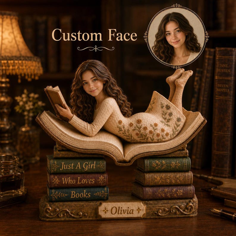 Custom Face Book Lover Wood Sign, Personalized Just A Girl Who Loves Books Reading Girl Decor