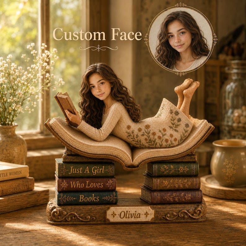 Custom Face Book Lover Wood Sign, Personalized Just A Girl Who Loves Books Reading Girl Decor