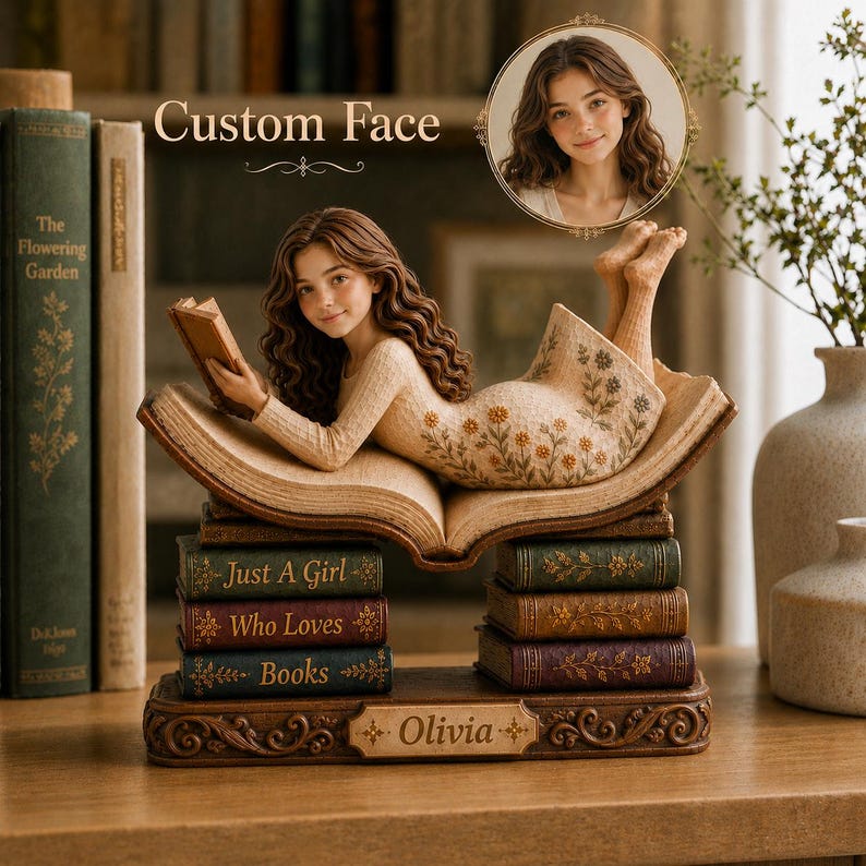 Custom Face Book Lover Wood Sign, Personalized Just A Girl Who Loves Books Reading Girl Decor
