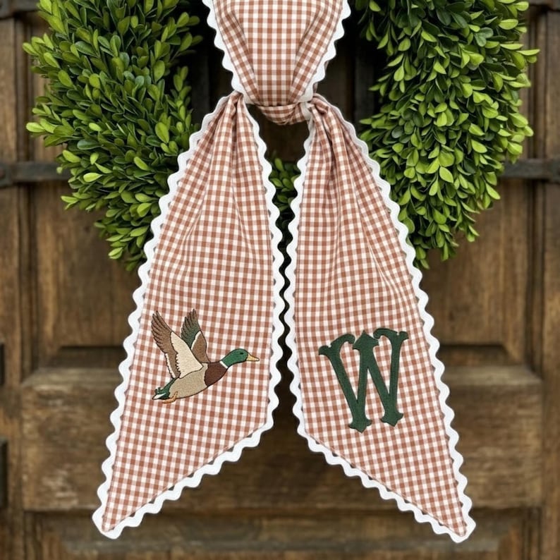 Personalized Mallard Duck Wreath Bow, Custom Monogram Fall Door Decor, Gingham Holiday Hanger